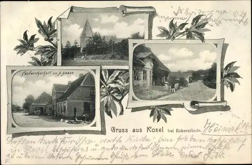 Ak Kosel in Schleswig Holstein, Gastwirtschaft H. Haase, Kirche, Straßenpartie