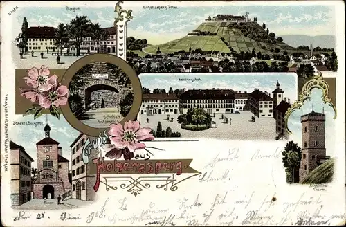 Litho Asberg Baden Württemberg, Hohenasperg, Burghof, Festungshof, Burgtor, Aussichtsturm