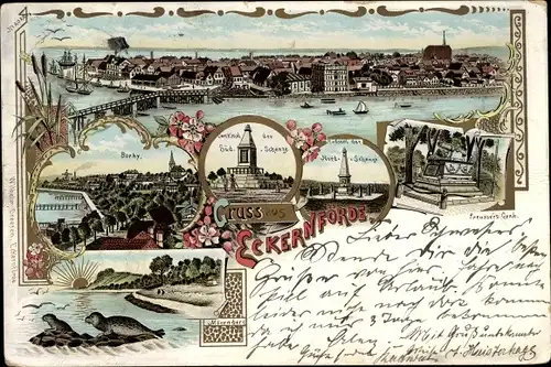 Litho Eckernförde in Schleswig Holstein, Totalansicht, Borby, Südschanzendenkmal, Nordschanze,Robben