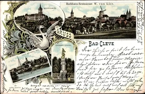 Litho Kleve am Niederrhein, Schwanenburg, Lohengrin Denkmal