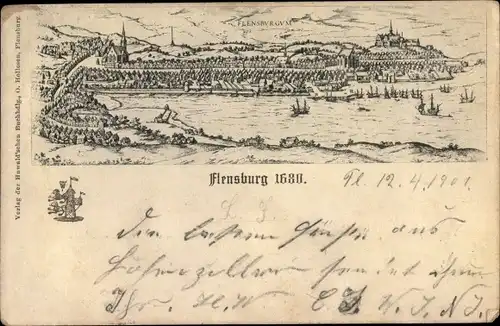 Litho Flensburg in Schleswig Holstein, Ort um 1680