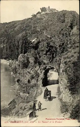 Ak Ambialet près Albi Tarn, Le Tunnel et le Prieuré, vue d'oiseau, rivage