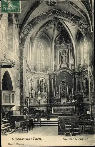 Ak Giroussens Tarn, Intérieur de l'Église, autel, chaire à prêcher