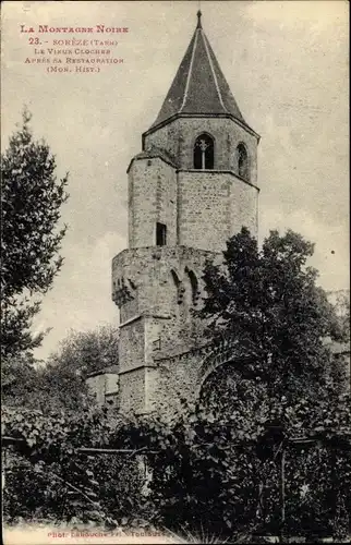 Ak Sorèze Tarn, vieux clocher après sa restauration, vue générale