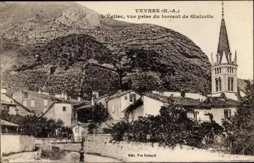 Ak Veynes Hautes-Alpes, L'Église, vue prise du torrent de Glaizette