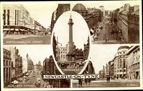 Ak Newcastle upon Tyne North East England, Northumberl., Market, Blackett, Pilgrim streets, monument