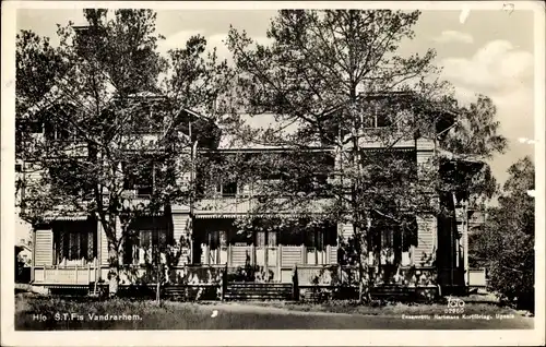 Ak Hjo Schweden, STF's Vandrarhem, exterior view, trees