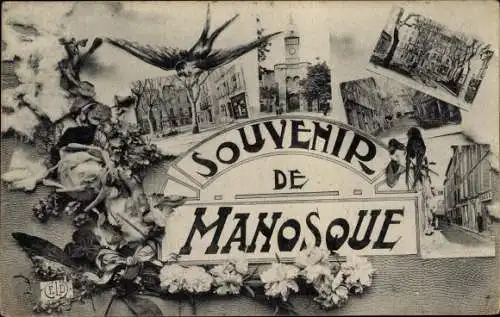 Ak Manosque Alpes de Haute Provence, eglise, monument, une rue, oiseaux, fleurs