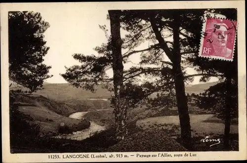 Ak Langogne Lozère, Paysage sur l'Allier, route de Luc