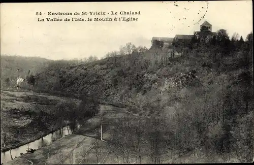 Ak Saint Yrieix le Chalard Haute Vienne, La Vallée, le Moulin, l'Église