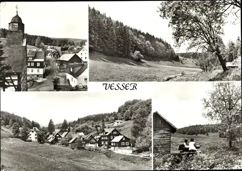 Ak Vesser Suhl in Thüringen, Panorama vom Ort, Tal, Partie mit Kirche, Baumblüte