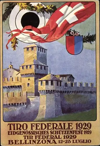 Künstler Ak Bellinzona Kt. Tessin Schweiz, Tiro Federale 1929, Eidgenössisches Schützenfest