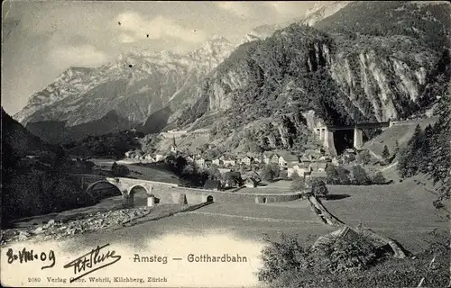 Ak Amsteg Silenen Kt. Uri, Panorama vom Ort, Brücke der Gotthardbahn