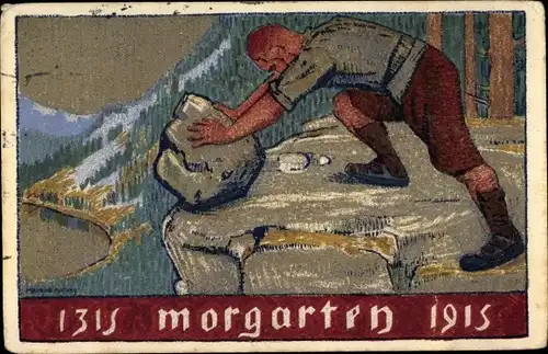 Ganzsachen Künstler Ak Morgarten Kt. Zug, Jubiläum 1915, Mann mit Felsen