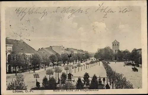 Ak Giżycko Lötzen Ostpreußen, Markt, Kirche, Kriegerdenkmal