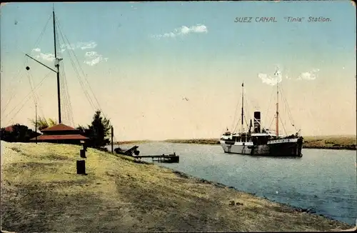 Ak Suez Ägypten, Suez Canal, Tinia Station, steam ship