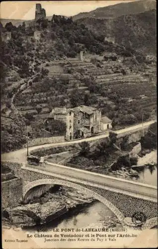 Ak Le Pont de Labeaume Ardèche, Le Château de Ventadour et le Pont sur l'Ardèche