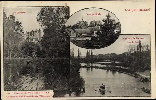 Ak Villevêque Maine et Loire, Le Château, Vue générale, Courses de Bateaux sur le Loir