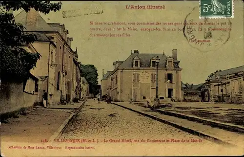 Ak Villevêque Maine et Loire, Le Grand Hôetl, rue du Commerce et Place de la Mairie