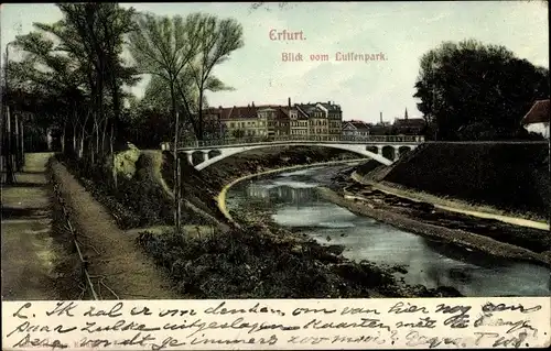 Relief Ak Erfurt in Thüringen, Blick vom Luisenpark auf die Stadt, Brückenpartie