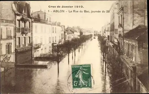 Ak Ablon Val de Marne, Crue de Janvier 1910, La Rue du Bac, Pharmacie Normale