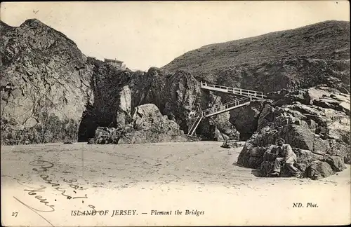 Ak Jersey Kanalinseln, Plemont the Bridges, Felsen, Brücke