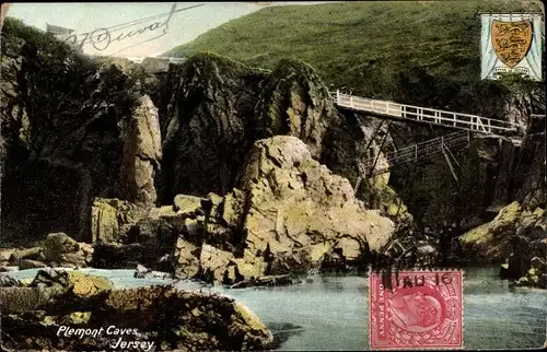 Wappen Ak Jersey Kanalinseln, Plemont Caves, Brücke, Felsen