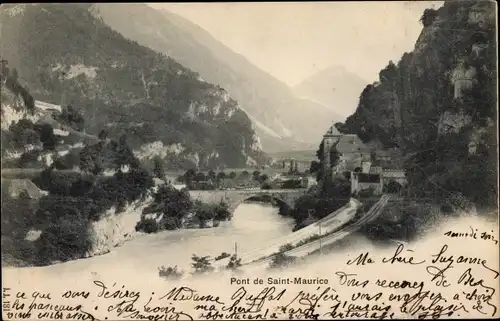 Ak Saint Maurice Kt. Wallis Schweiz, Vue du pont