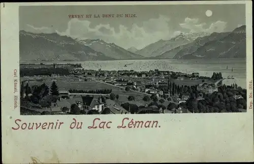 Mondschein Litho Vevey Kt. Waadt Schweiz, Blick auf den Genfer See, Dent du Midi