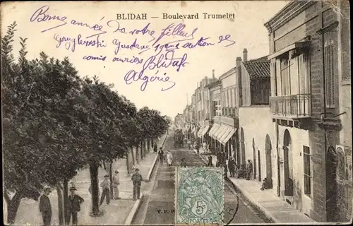 Ak Blida Algerien, Boulevard Trumelet, Straßenpartie in der Stadt