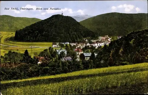 Ak Thal Ruhla im Wartburgkreis Thüringen, Blick vom Paradies auf den Ort, Berge