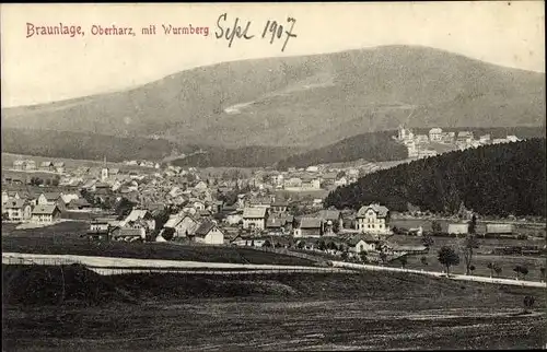 Ak Braunlage im Oberharz, Totalansicht der Ortschaft mit Wurmberg, Felder, Stengel 32838