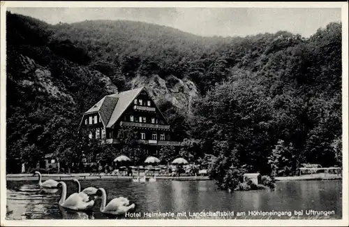 Ak Uftrungen Südharz im Harz, Blick auf das Hotel Heimkehle, Höhleneingang