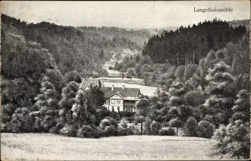 Ak Langethalsmühle Bürgel in Thüringen, Blick zum Gasthaus, Wald