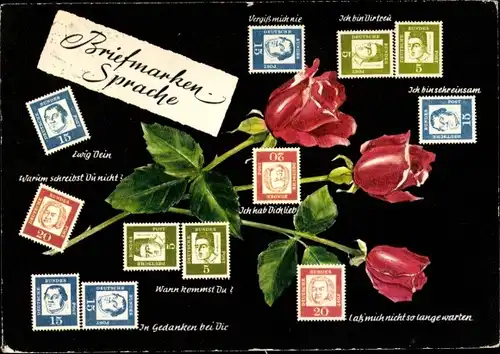 Ak Briefmarkensprache, Ewig Dein, Warum schreibst du nicht, Rosen