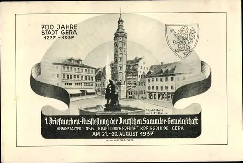 Ganzsachen Ak Gera in Thüringen, 1. Briefmarkenausstellung der Deutschen Sammler Gemeinschaft 1937