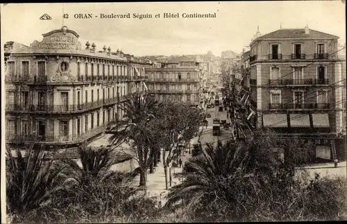 Ak Oran Algerien, Boulevard Séguin et Hôtel Continental, vue d'oiseau, palmiers
