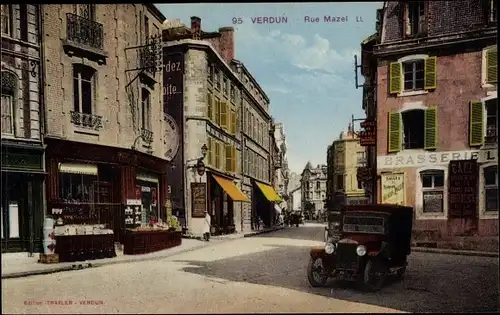 Ak Verdun Lothringen Meuse, Rue Mazel, Brasserie, voiture