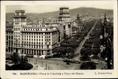 Ak Barcelona Katalonien, Plaza de Cataluna y Paseo de Gracia, Straßenbahn