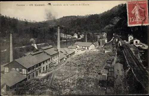 Ak Cornil Corrèze, Vue générale de la Gare et de l'Usine