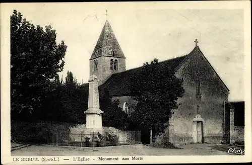 Ak Le Breuil Saône et Loire, L'Église, Monument aux Morts