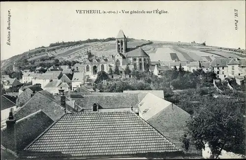 Ak Vetheuil Val d'Oise, Vue générale sur l'Eglise, Kirche, Ort