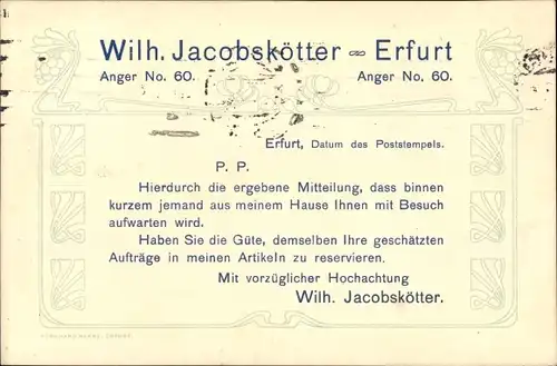 Ak Erfurt in Thüringen, Wilhelm Jacobskötter, Anger Nr. 60