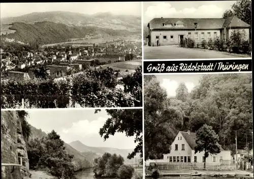 Ak Rudolstadt in Thüringen, Panorama vom Ort, Gasthaus, Uferpartie, Bootshafen