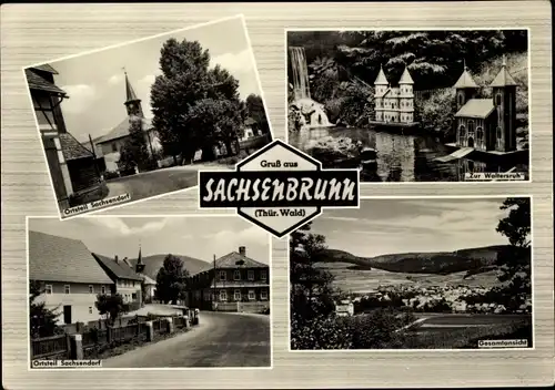 Ak Sachsenbrunn Thüringer Wald, Ortsteil Sachsendorf, Kirche, Zur Waltersruh, Gesamtansicht