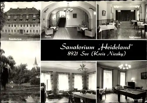 Ak See Niesky in der Oberlausitz, Sanatorium Heideland, Spielzimmer, Billard, Kirche