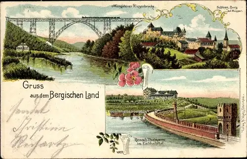 Litho Solingen in Nordrhein Westfalen, Müngstener Riesenbrücke, Schloss Burg, Eschbachtalsperre