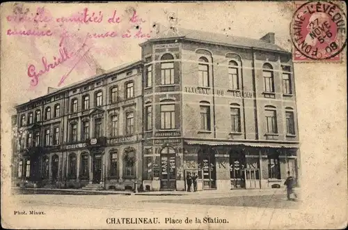Ak Châtelineau Châtelet Wallonien Hennegau, Place de la Station, Taverne du Faleau, Hotel Esperance