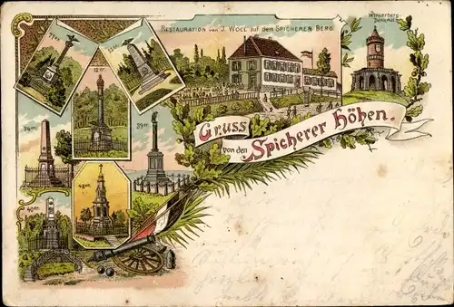 Litho Spicheren Spichern Moselle, Stadtansichten der Höhen, Restaurant, Inh. J. Woll, Denkmäler
