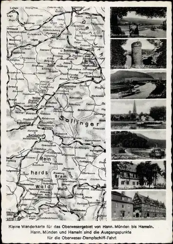 Landkarten Ak Hann. Münden in Niedersachsen, Wanderkarte für Oberwesergebiet, Hugenottenturm